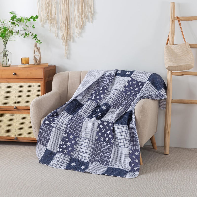 SLPR Americana Pride 50" x 60" Quilted Throw Blanket, Lightweight Patriotic Throw Quilt for Couch and Bed, Blue and White Lightweight Lap Quilt with Star and Plaid Pattern - Image 4